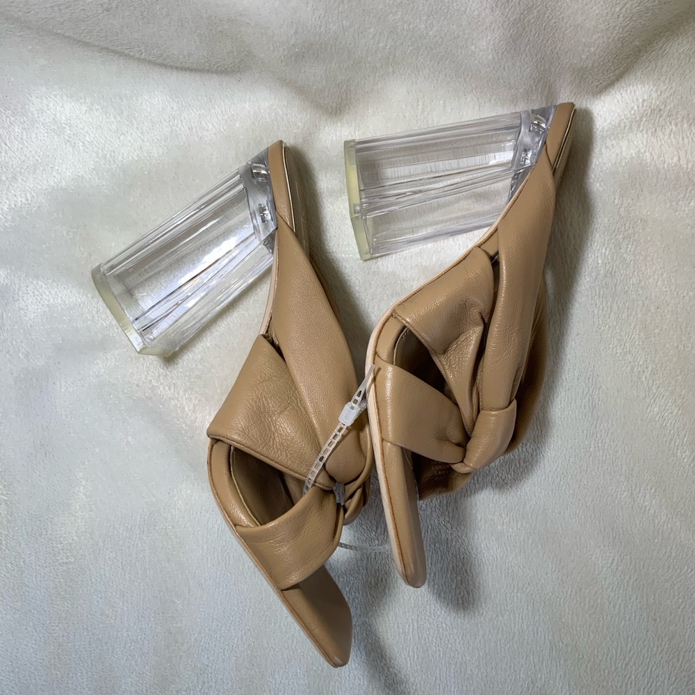 NEW Deltan “Kira” Puffy Tan Leather Square Toe Sandals Acrylic Clear Heels NWOT - Picture 7 of 10